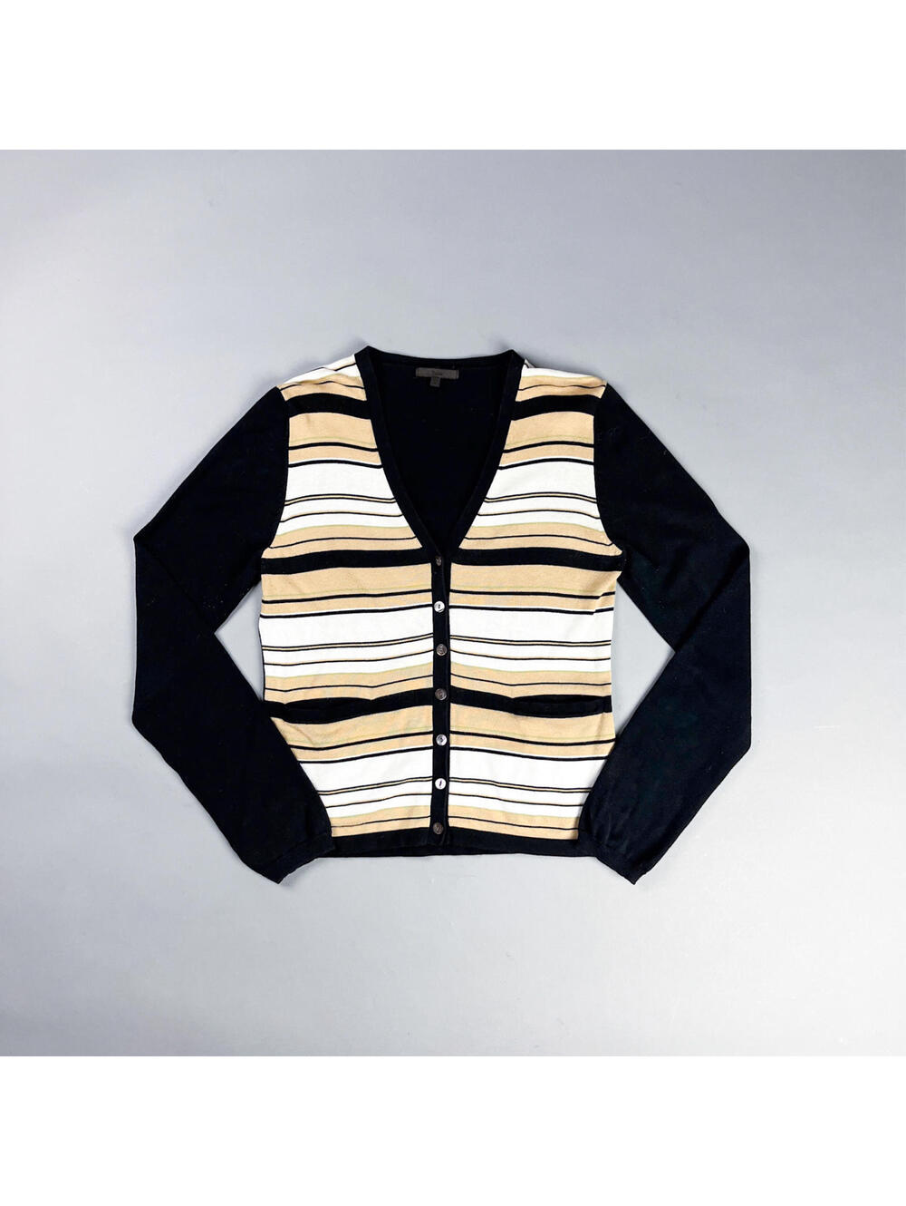 Vintage Striped Cardigan | Beige, Black Button-Up Women's Sweater